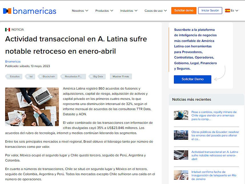 Actividad transaccional en A. Latina sufre notable retroceso en enero-abril